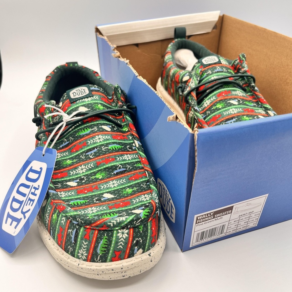 Hey Dude Wally Fishmas Mens Size 10 Christmas Sweater Shoes Loafers Green NEW